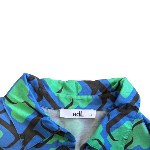 adL Blue, Green, Black Patterned Jumpsuit Romper with Cinched Waist and Collar. - Picture 5 of 8